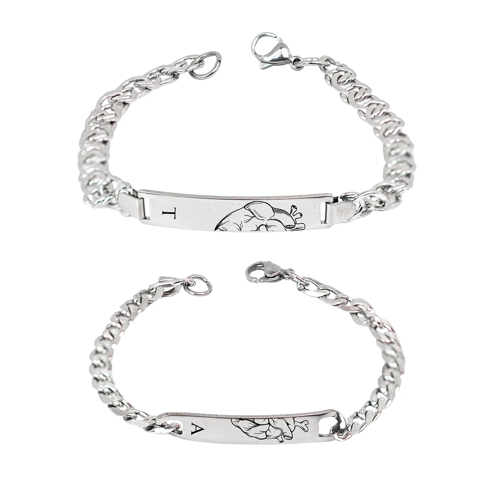 Kit pulseras esclavas plateadas para parejas personalizables acero