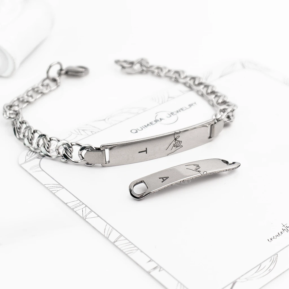 Kit pulseras esclavas plateadas para parejas personalizables acero