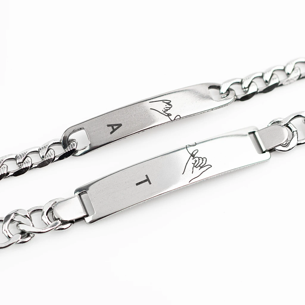 Kit pulseras esclavas plateadas para parejas personalizables acero