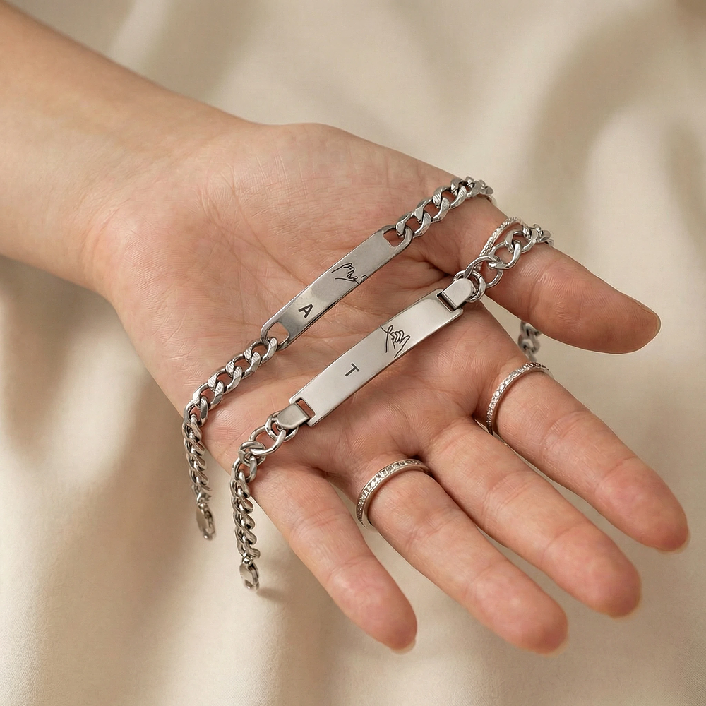 Kit pulseras esclavas plateadas para parejas personalizables acero