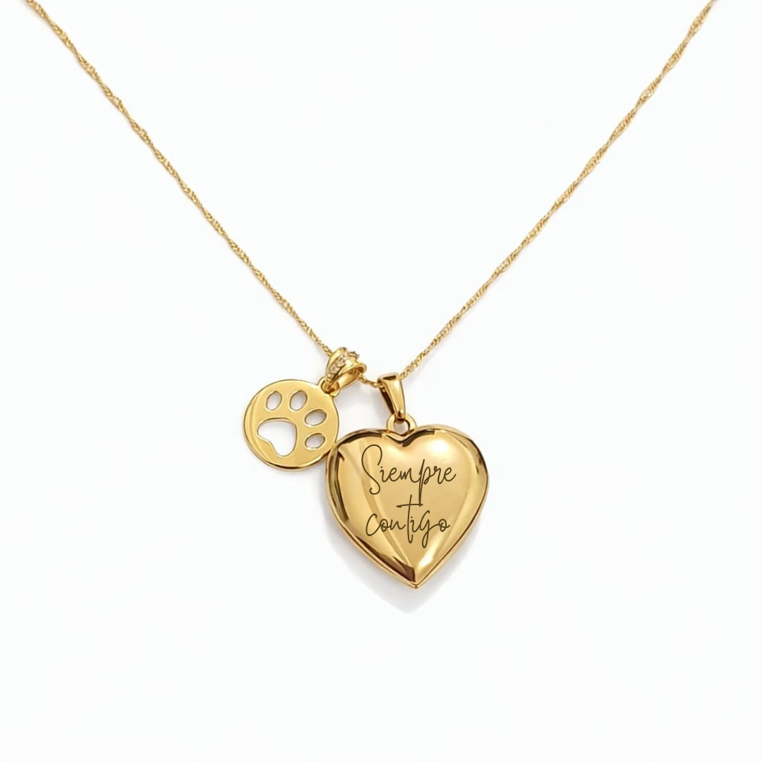 Relicario corazón con dije de huella en Oro Laminado 