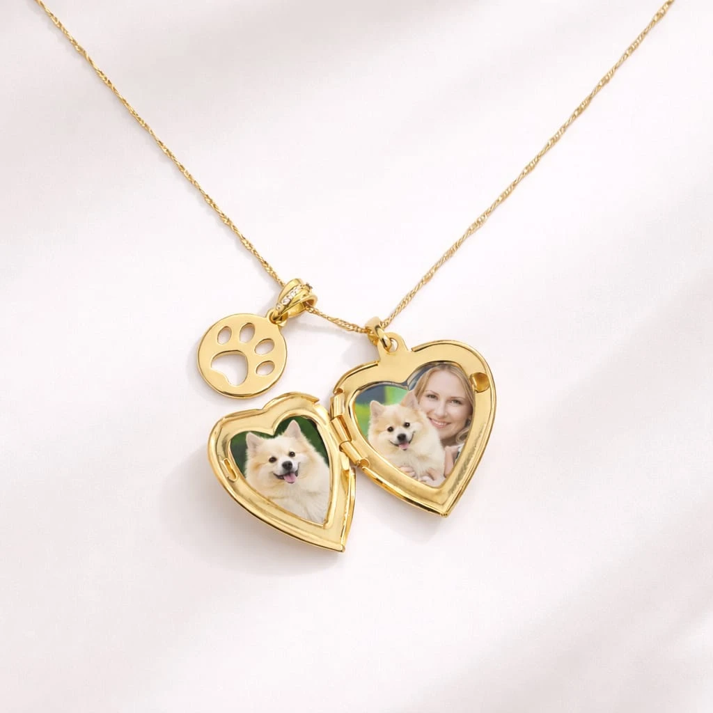 Relicario corazón con dije de huella en Oro Laminado 