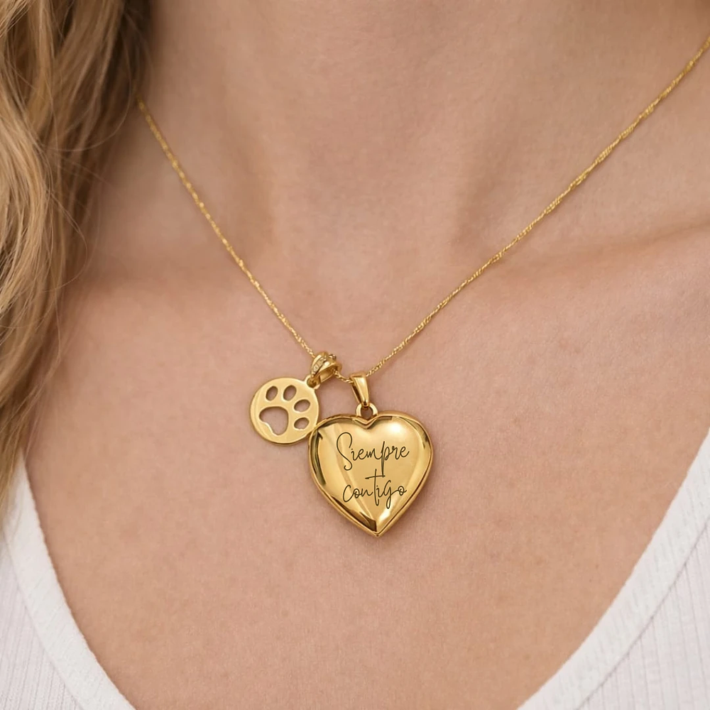 Relicario corazón con dije de huella en Oro Laminado 