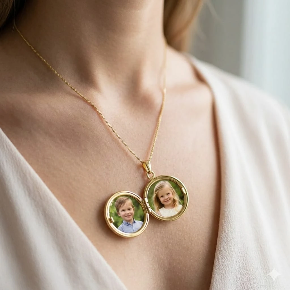 Relicario circular amarillo con diseño de sol 