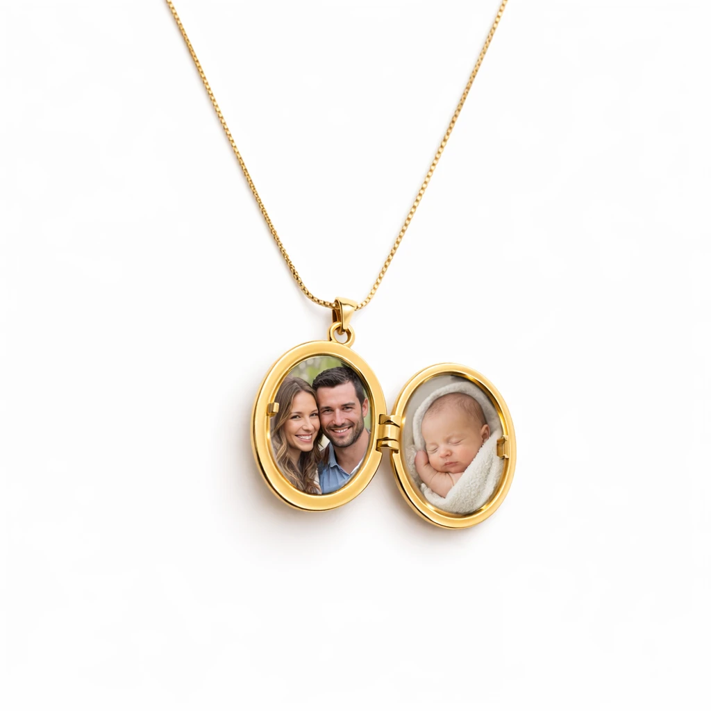 Relicario ovalado diseño estrellas y sol tipo perla 