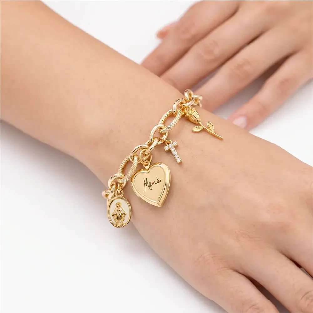Pulsera Relicario para Mamá con Dijes Virgen, Inicial y Rosa