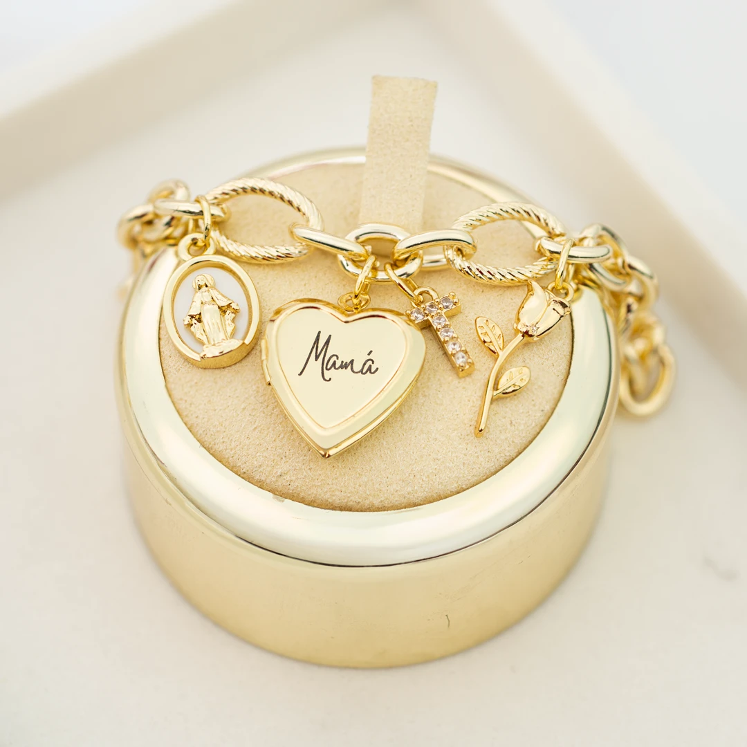 Pulsera Relicario para Mamá con Dijes Virgen, Inicial y Rosa