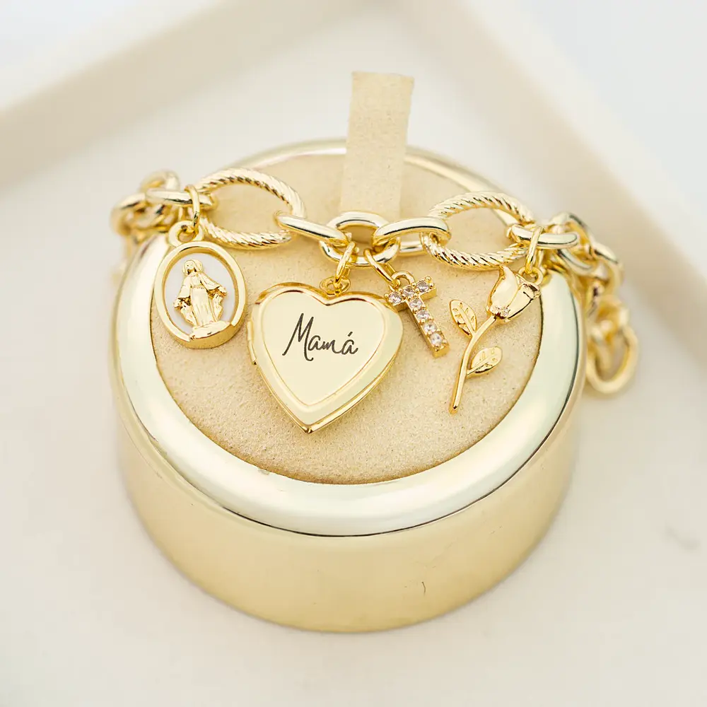 Pulsera Relicario para Mamá con Dijes Virgen, Inicial y Rosa