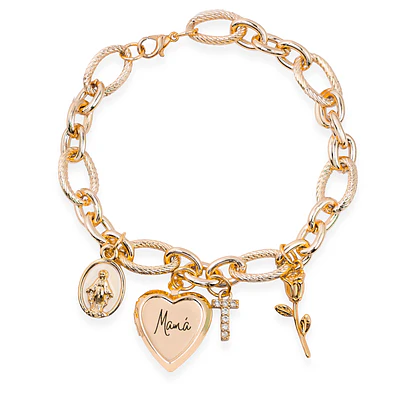 Pulsera Relicario para Mamá con Dijes Virgen, Inicial y Rosa