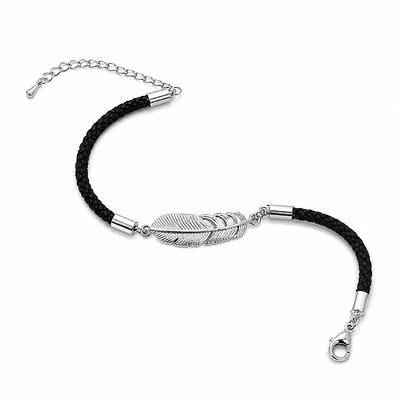 pulsera con cordon y pluma baño en plata 