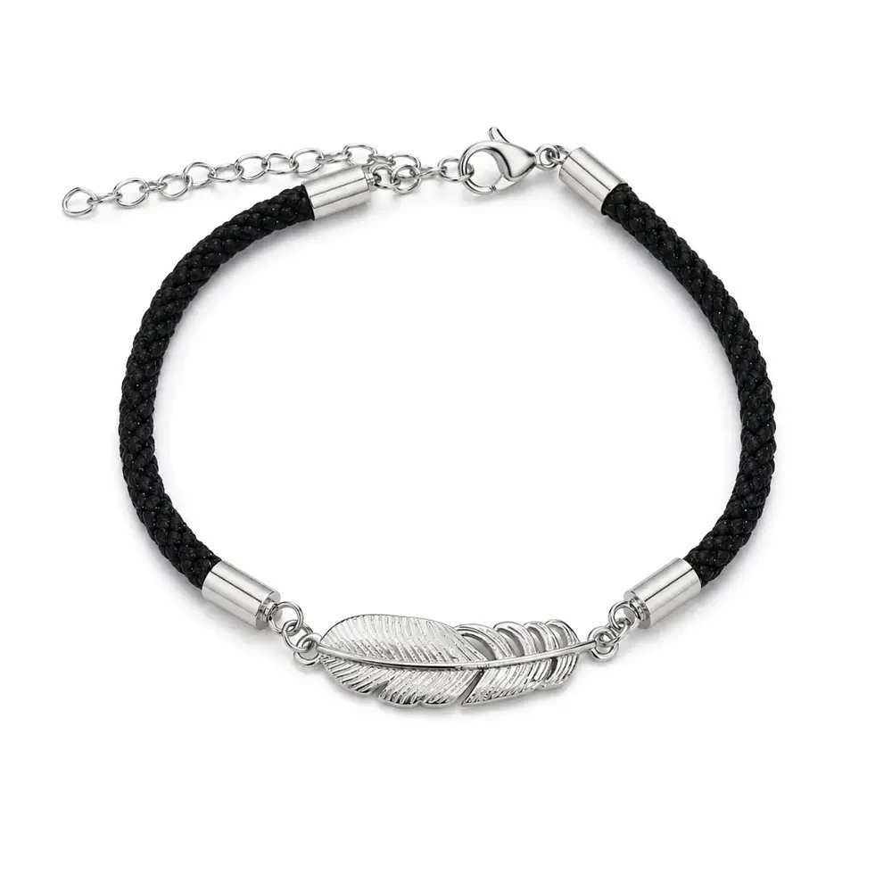 pulsera con cordon y pluma baño en plata 