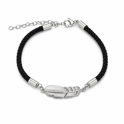 pulsera con cordon y pluma baño en plata 