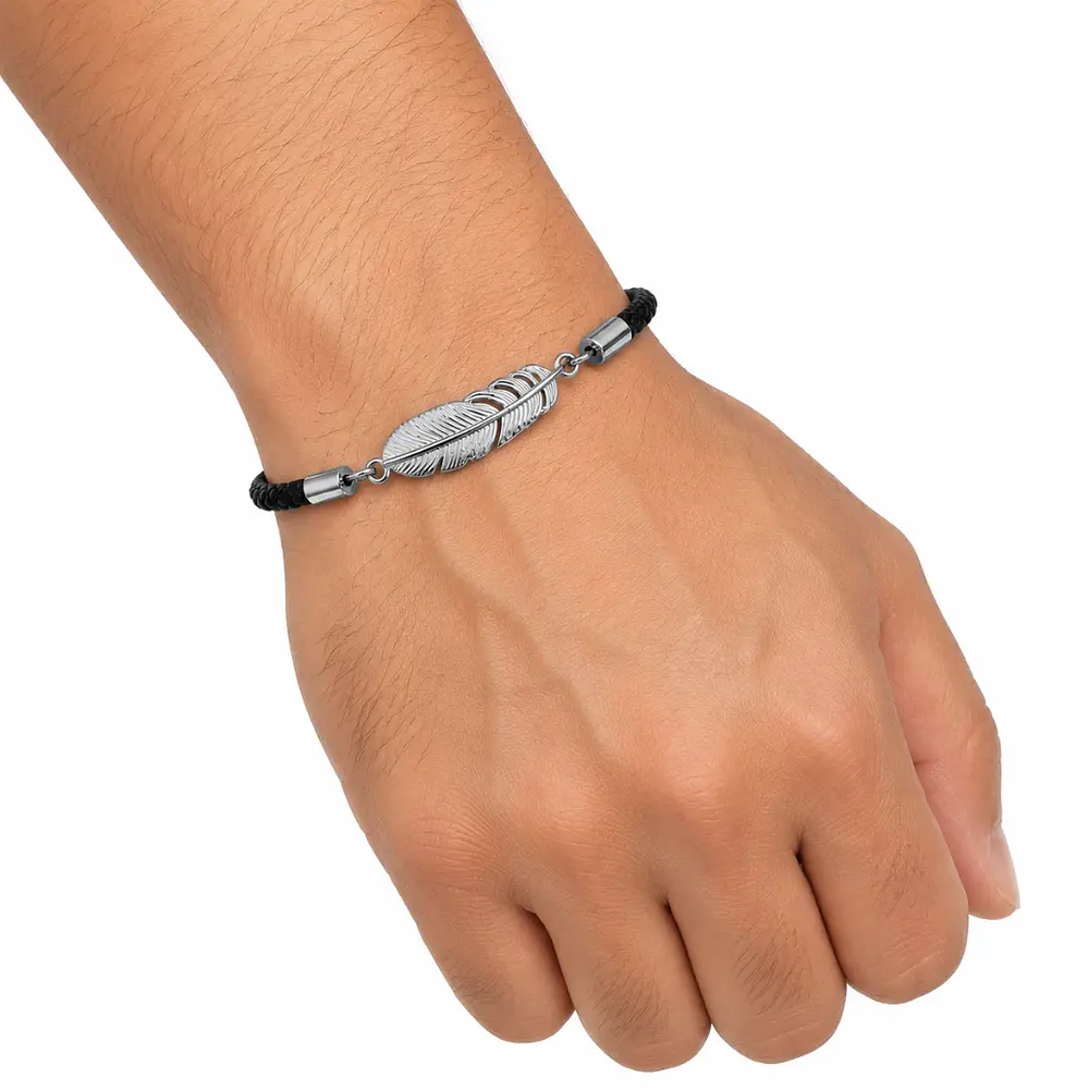 pulsera con cordon y pluma baño en plata 