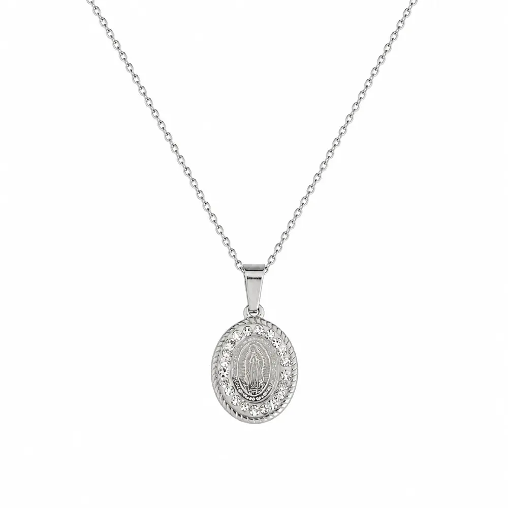 Collar medalla con micro incrustaciones Virgen de Guadalupe plateado