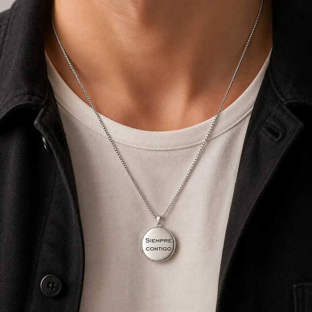 Relicario circular liso plateado para Hombre