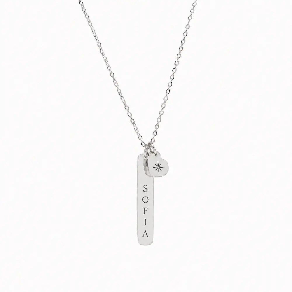 Collar Medalla Rectangular y Dije Corazón Plateado Personalizable