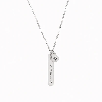 Collar Medalla Rectangular y Dije Corazón Plateado Personalizable