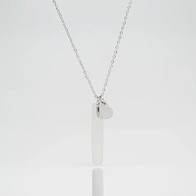 Collar Medalla Rectangular y Dije Corazón Plateado Personalizable