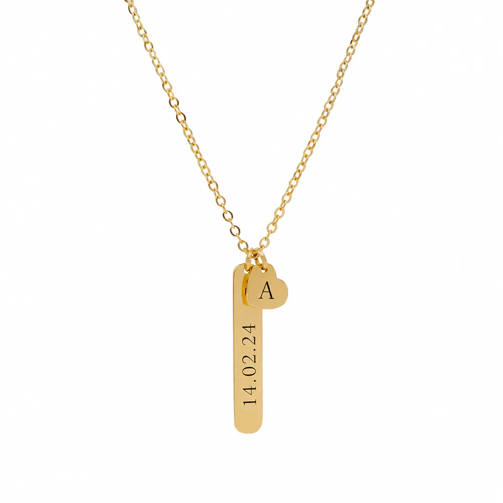 Collar Medalla Rectangular y Dije Corazón Dorado Personalizable