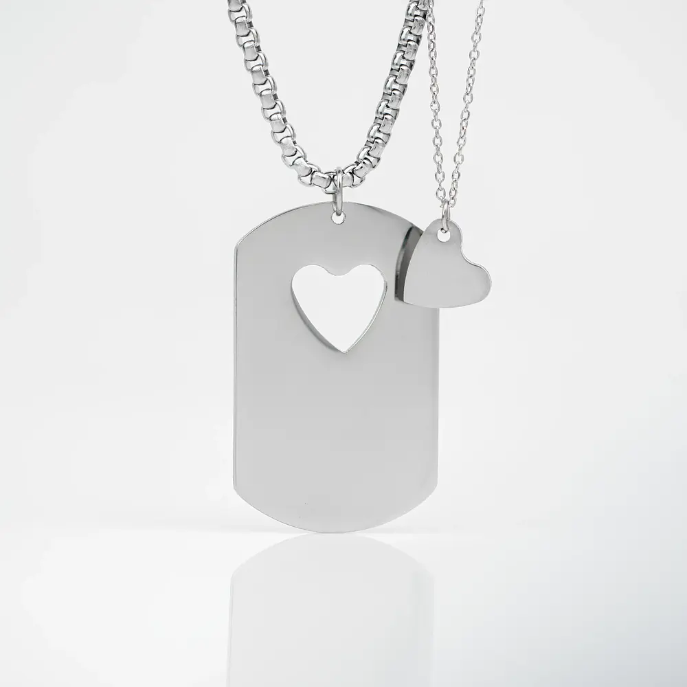 Collar Medalla Militar y Dije Corazón Plateado Para Pareja Personalizable