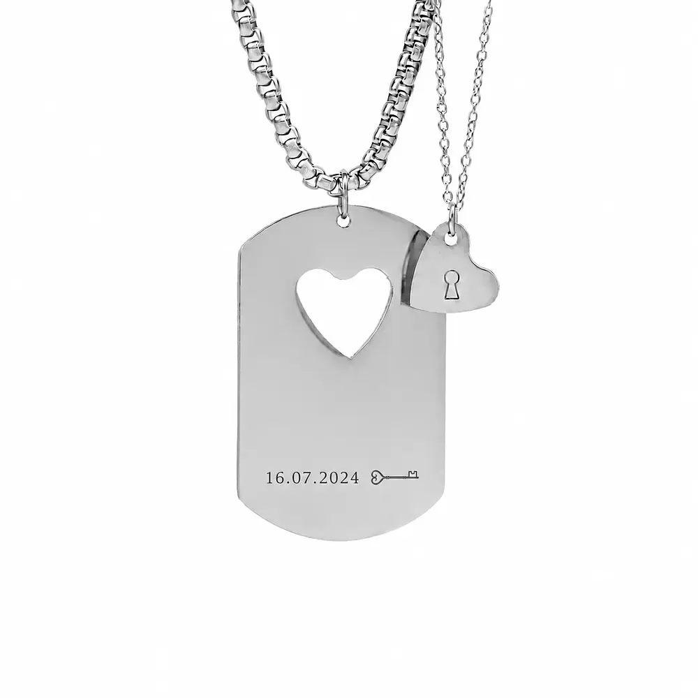 Collar Medalla Militar y Dije Corazón Plateado Para Pareja Personalizable
