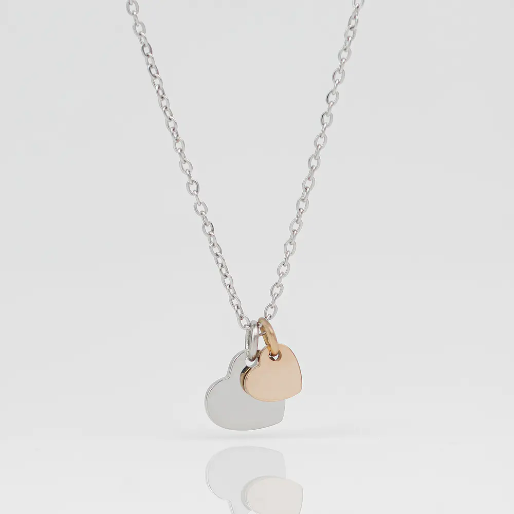 Collar Medalla Corazón Plateado y Dije Corazón Oro Rosa Personalizable