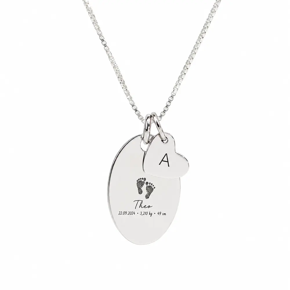 Collar medalla ovalada y dije corazón pequeño personalizable chapado en plata S925