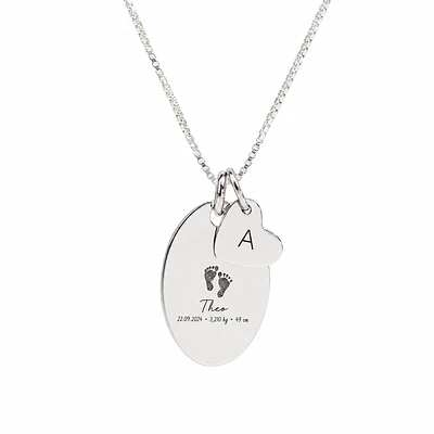 Collar medalla ovalada y dije corazón pequeño personalizable chapado en plata S925