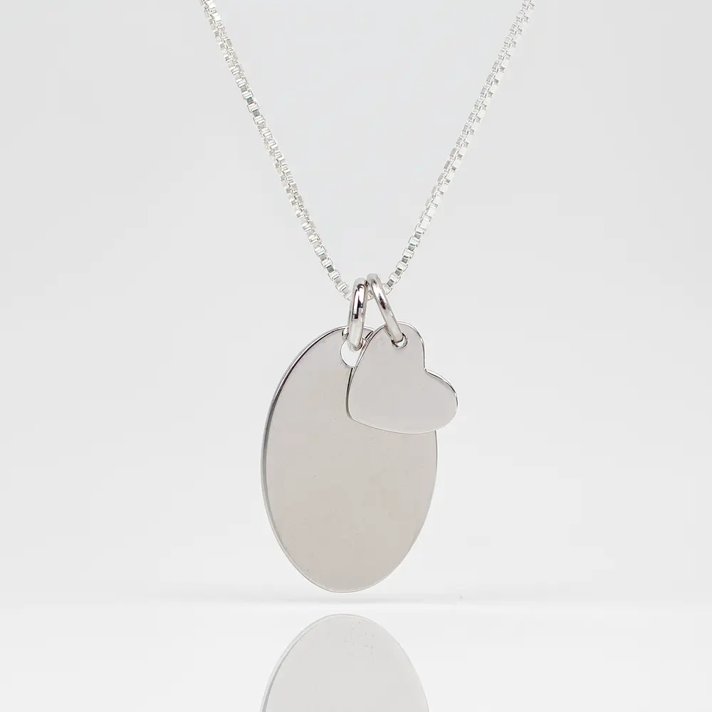 Collar medalla ovalada y dije corazón pequeño personalizable chapado en plata S925