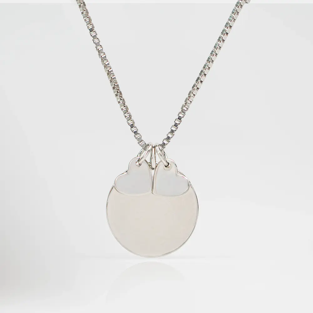 Collar medalla circular y dije corazón pequeño personalizable chapado en plata S925
