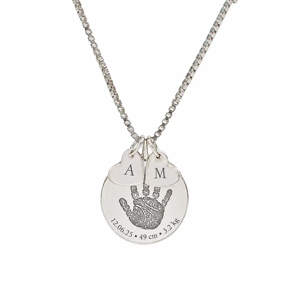 Collar medalla circular y dije corazón pequeño personalizable chapado en plata S925