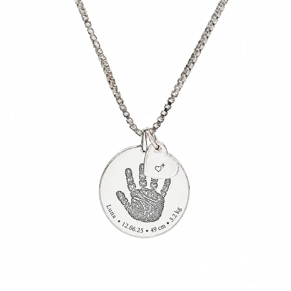 Collar medalla circular y dije corazón pequeño personalizable chapado en plata S925