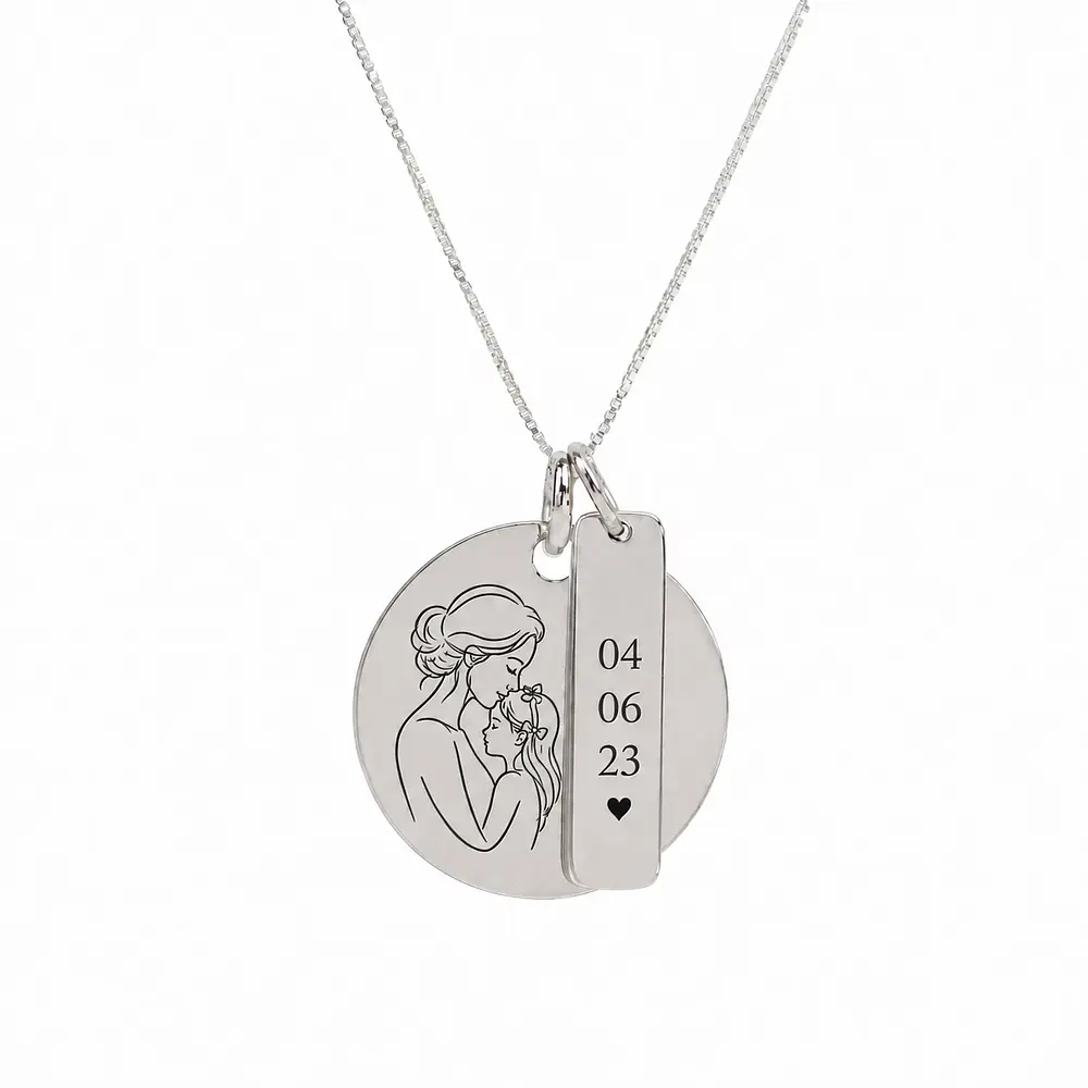 Collar medalla circular y barra personalizable chapada en plata S925