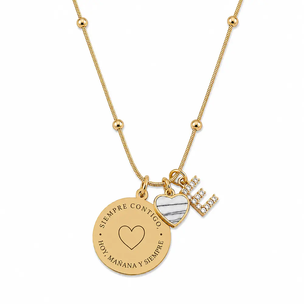 Collar placa circular 20mm con dije de corazón y letra personalizable 