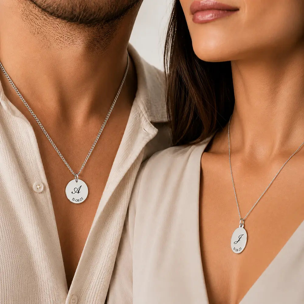 Kit Collares Medalla Circular y Ovalada Para Parejas Personalizables Plata S925