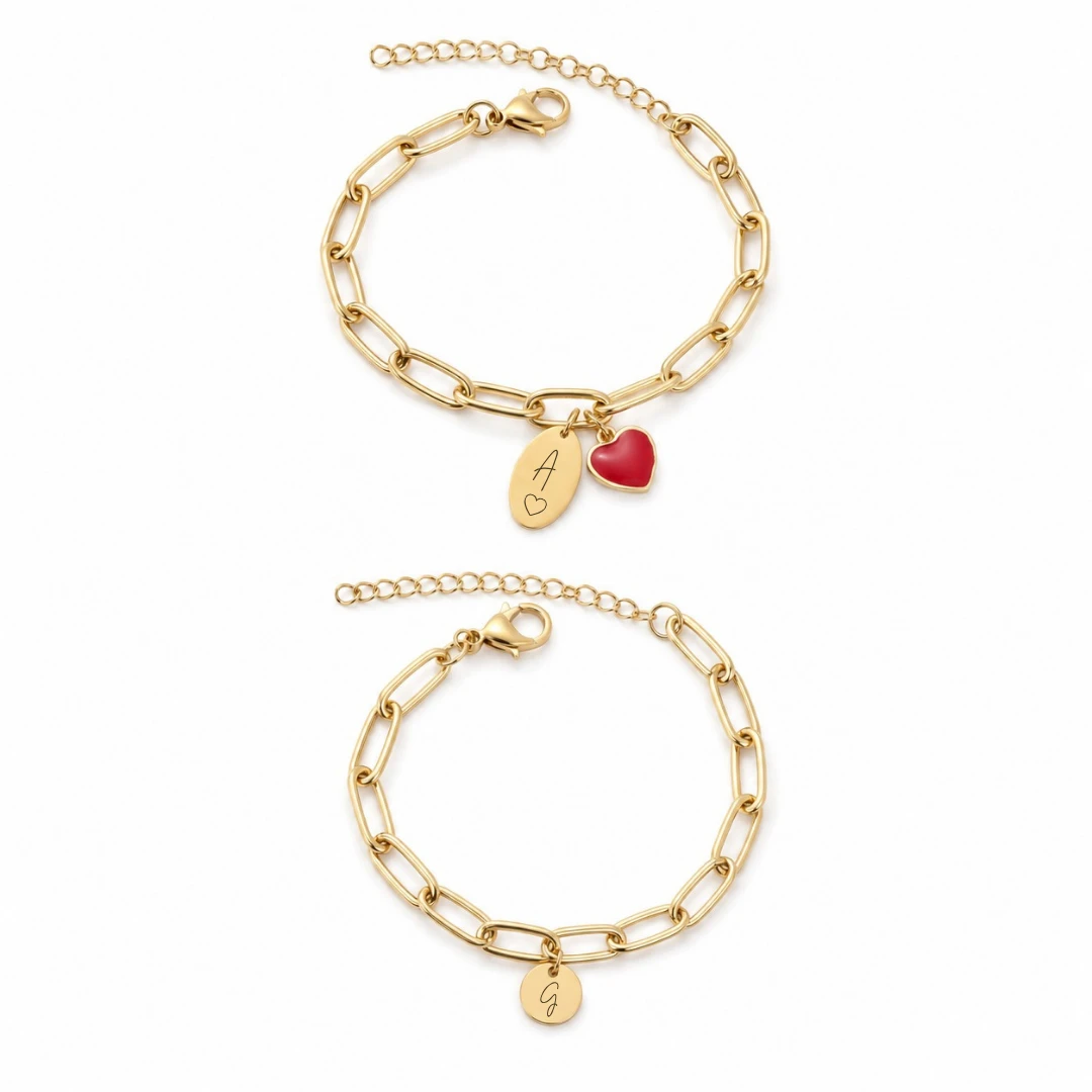 Kit pulseras eslabonadas con dije personalizable y corazón para parejas