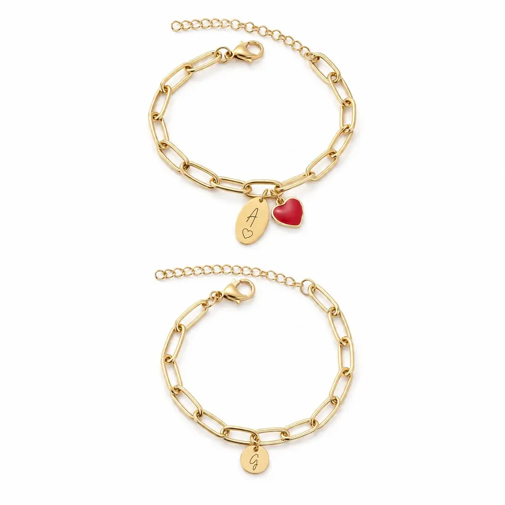 Kit pulseras eslabonadas con dije personalizable y corazón para parejas