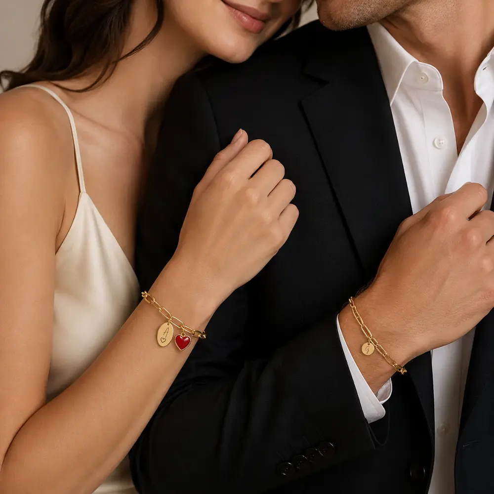 Kit pulseras eslabonadas con dije personalizable y corazón para parejas