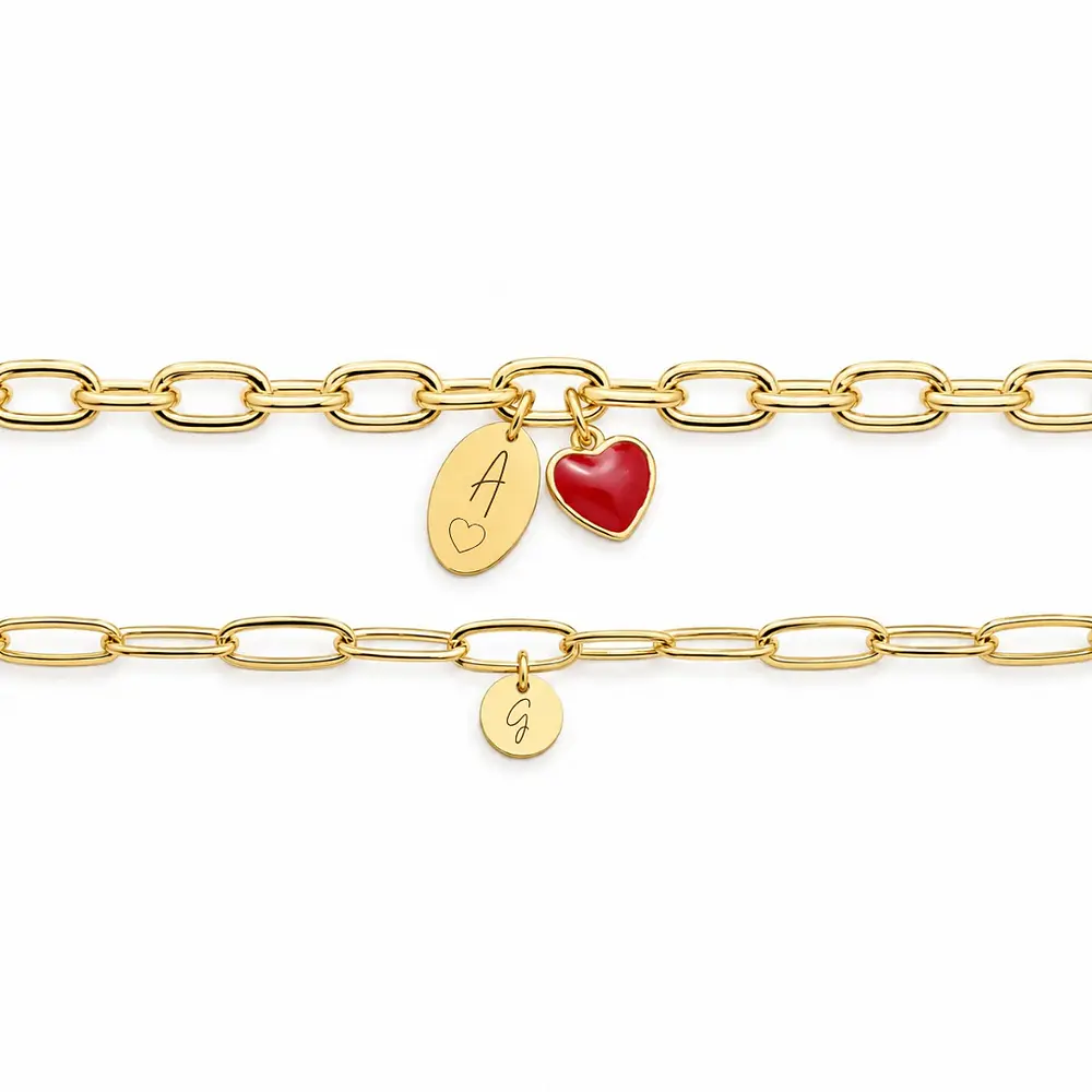 Kit pulseras eslabonadas con dije personalizable y corazón para parejas