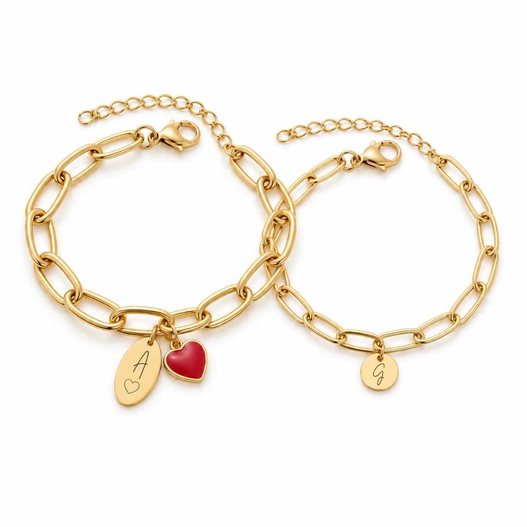 Kit pulseras eslabonadas con dije personalizable y corazón para parejas