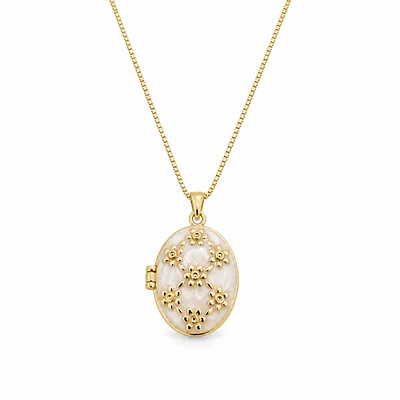 Relicario ovalado blanco con diseño de flores doradas 