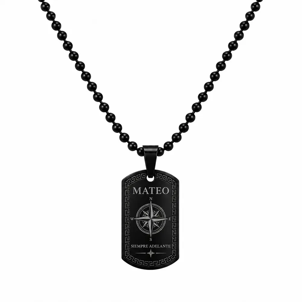 Collar placa militar negra con cadena de esferas personalizable