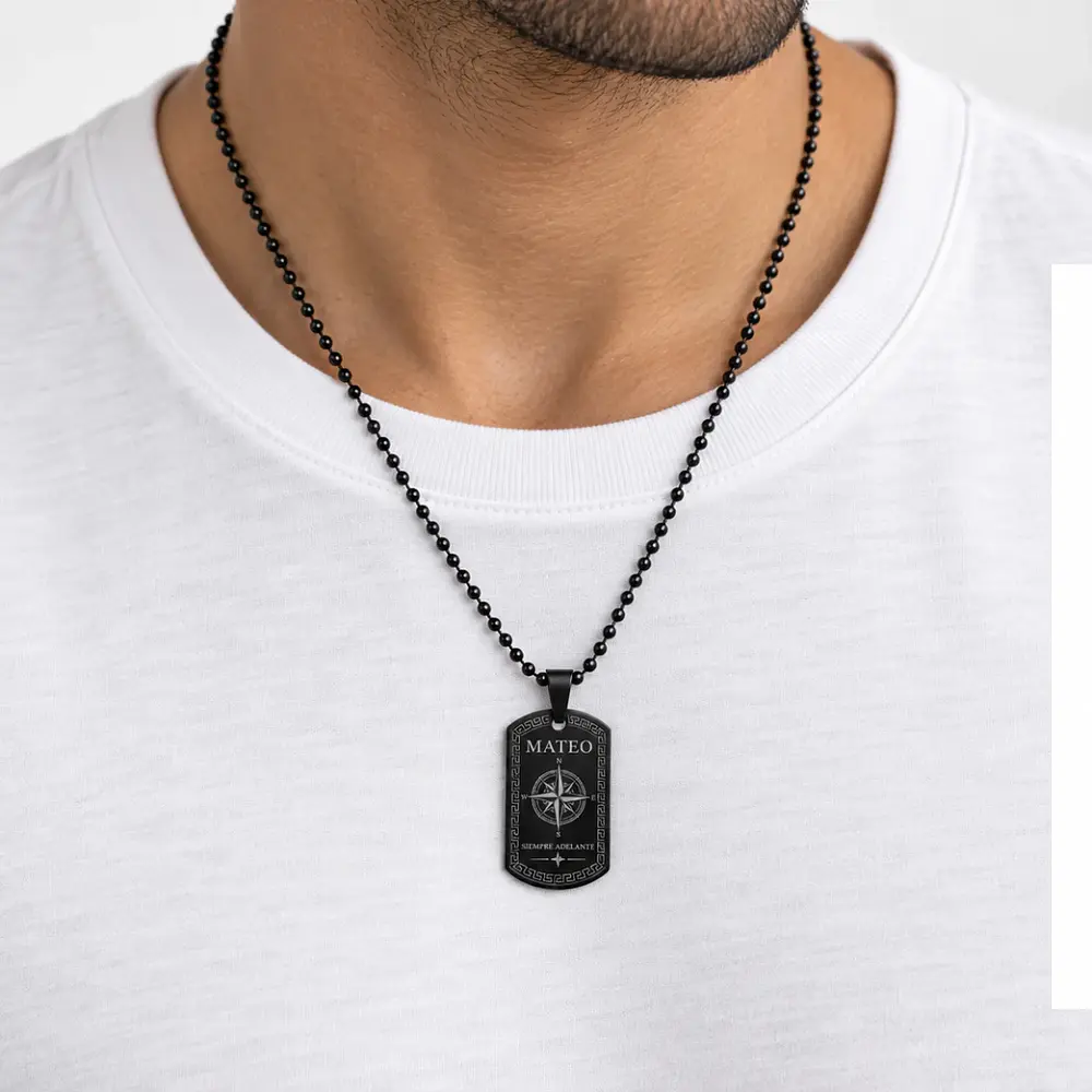 Collar placa militar negra con cadena de esferas personalizable