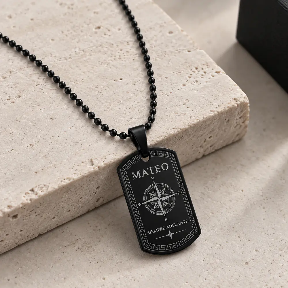 Collar placa militar negra con cadena de esferas personalizable
