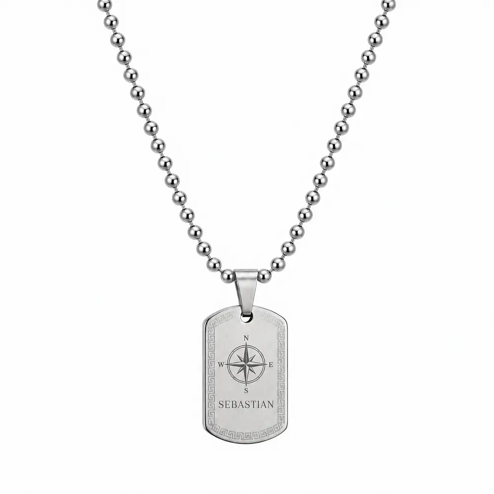 Collar placa militar plateada con cadena de esferas personalizable