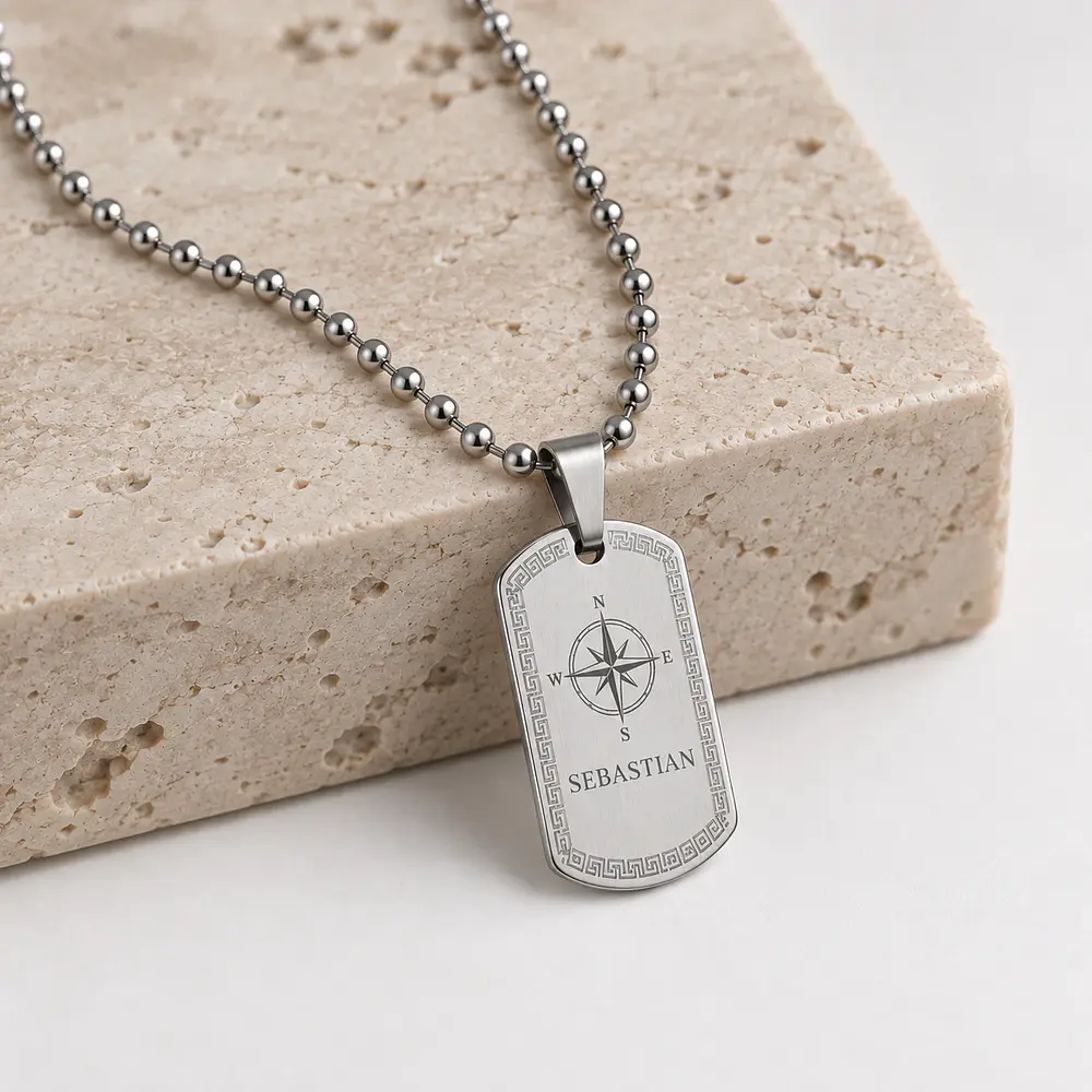 Collar placa militar plateada con cadena de esferas personalizable