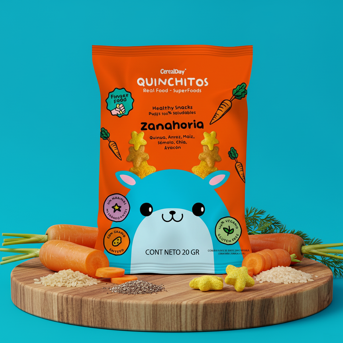 (20g) QUINCHITOS (PUFF) A BASE DE ZANAHORIA, QUINUA, MAIZ, SÉMOLA, ARROZ Y CHÍA  1
