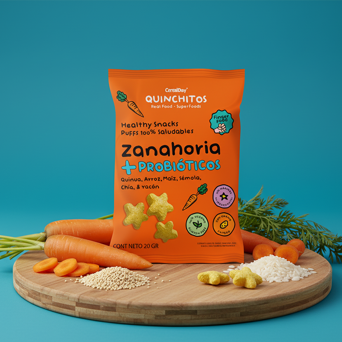 (20 g) QUINCHITOS (PUFF) A BASE DE ZANAHORIA CON PROBIOTICO, QUINUA, MAIZ, SEMOLA, ARROZ Y CHIA 1