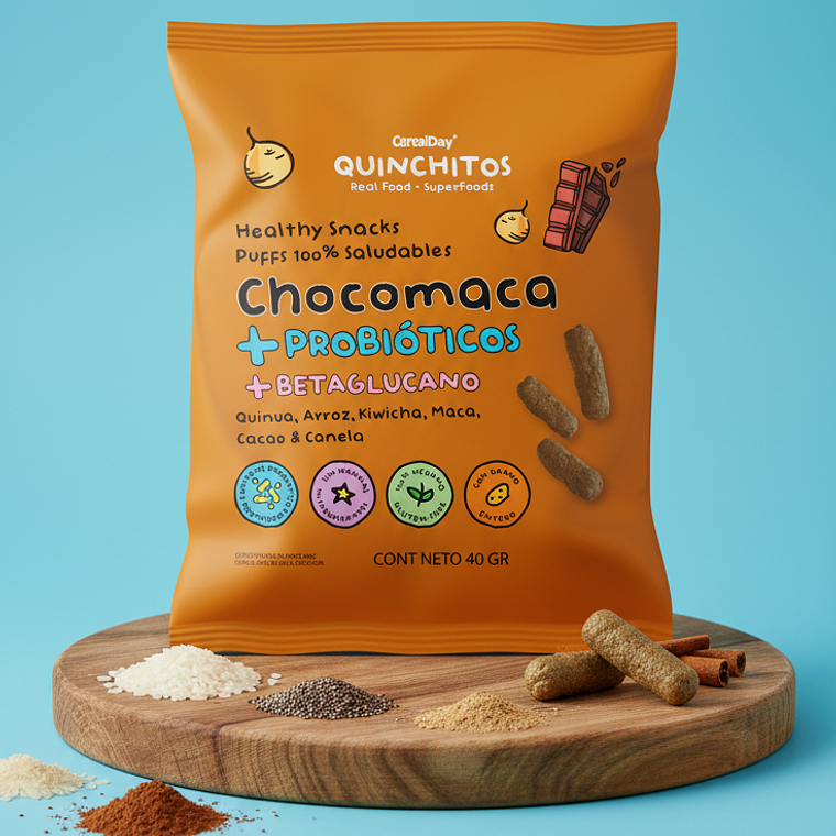 (40g) QUINCHITOS (PUFF) A BASE DE MACA, CACAO, MAIZ, QUINUA, KIWICHA, ARROZ CON PROBIOTICO Y BETAGLUCANO 1