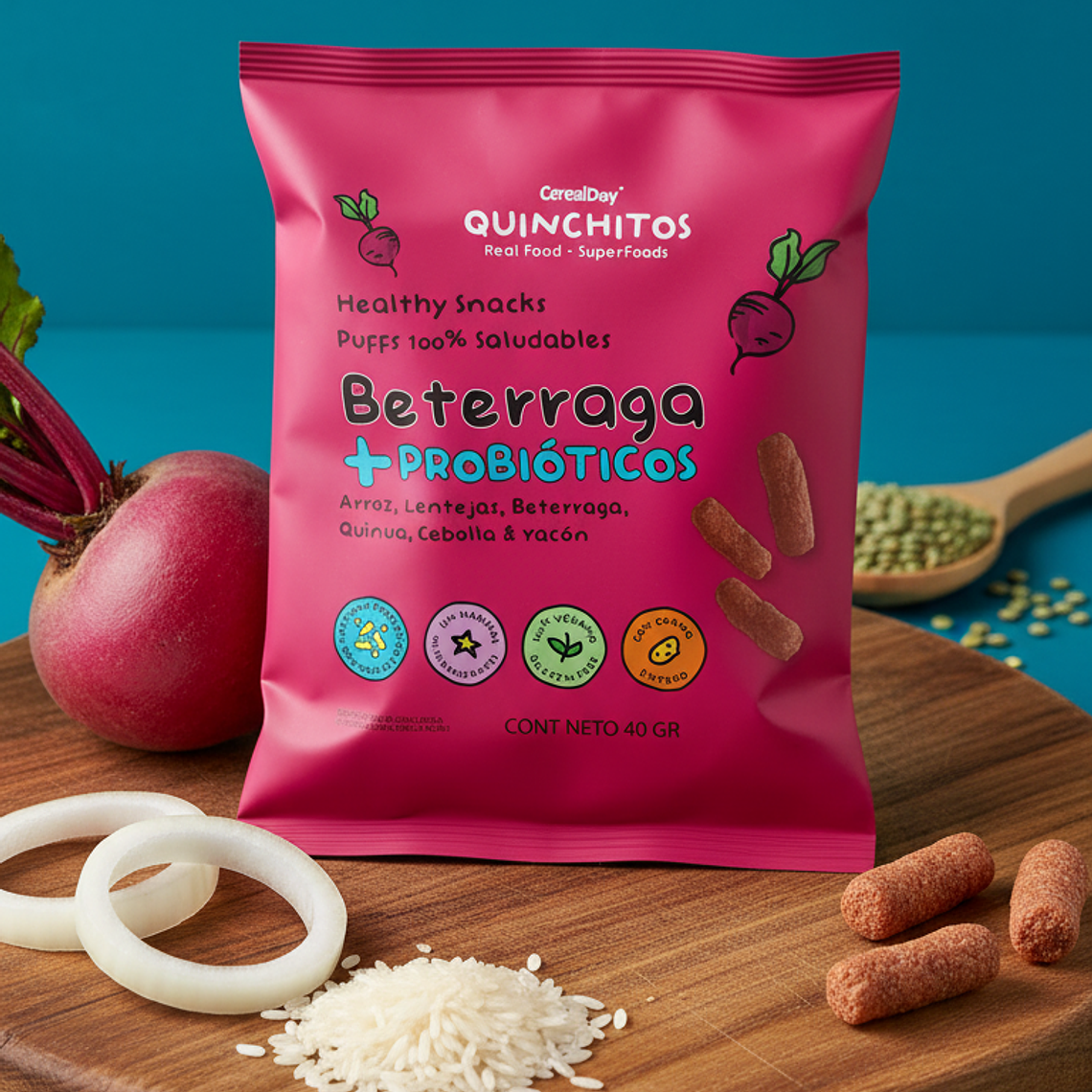 (40g) QUINCHITOS (PUFF) A BASE DE BETERRAGA CON PROBIOTICOS, LENTEJA, QUINUA, CEBOLLA, SAL DE MARAS, YACÓN  40 g 1